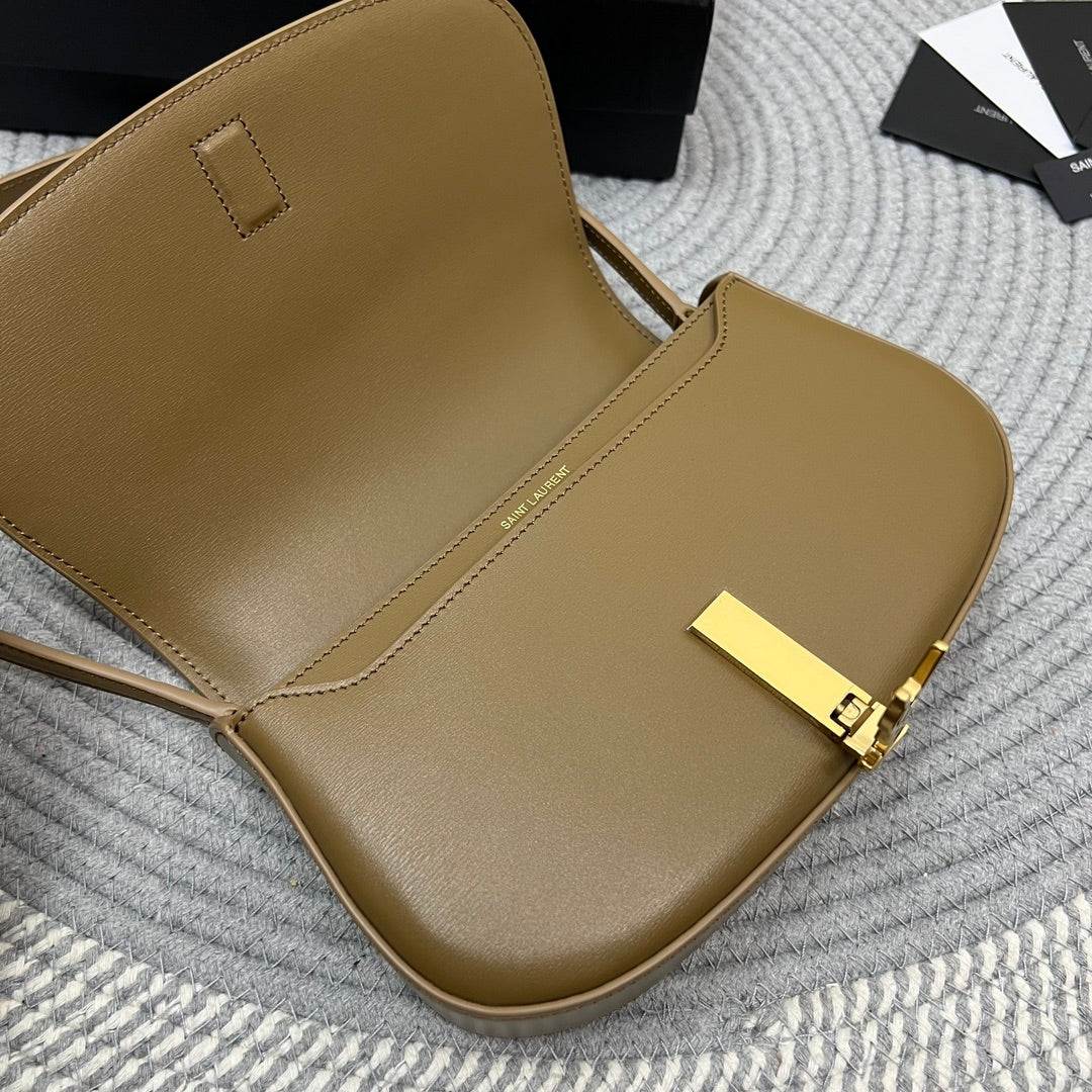 Saint Laurent Voltaire in Box 21 in Caramel Brown Calfskin Gold Logo Bag