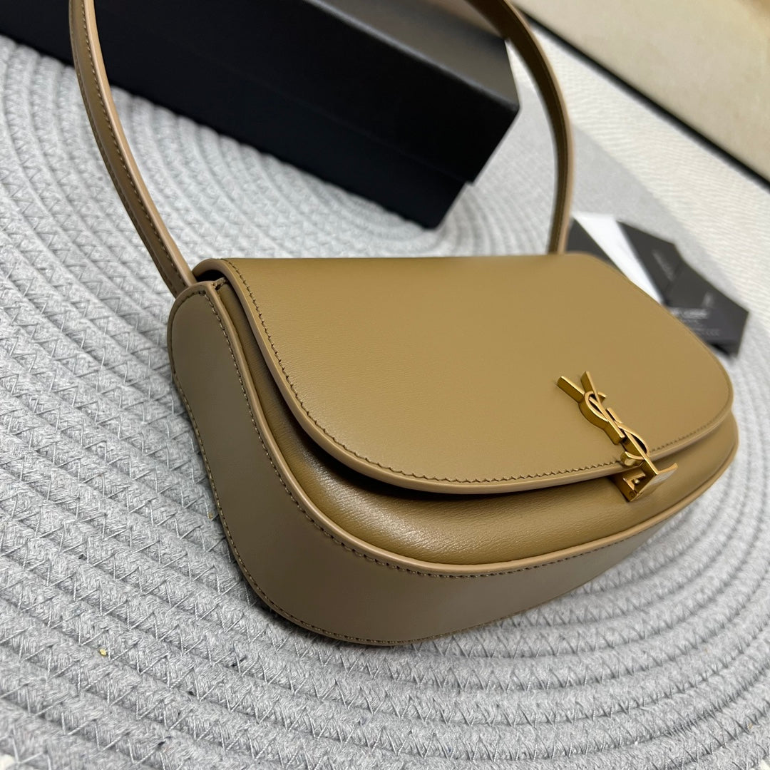 Saint Laurent Voltaire in Box 21 in Caramel Brown Calfskin Gold Logo Bag