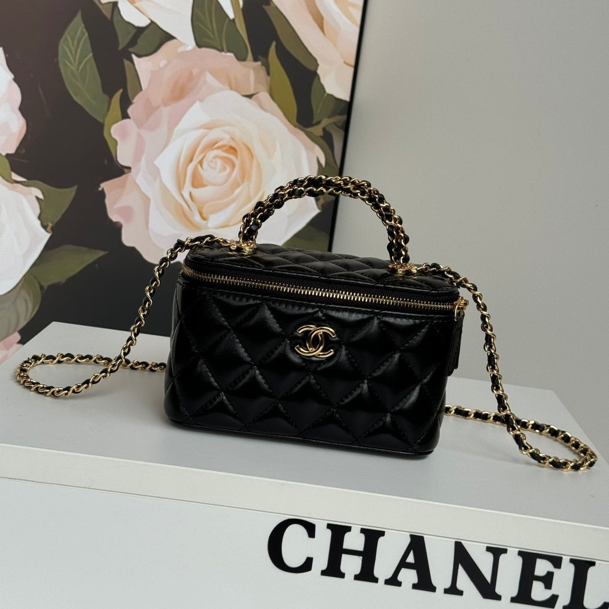 Chanel Small Vanity Case 17 with Handle in Black Calfskin Gold Metal Chain