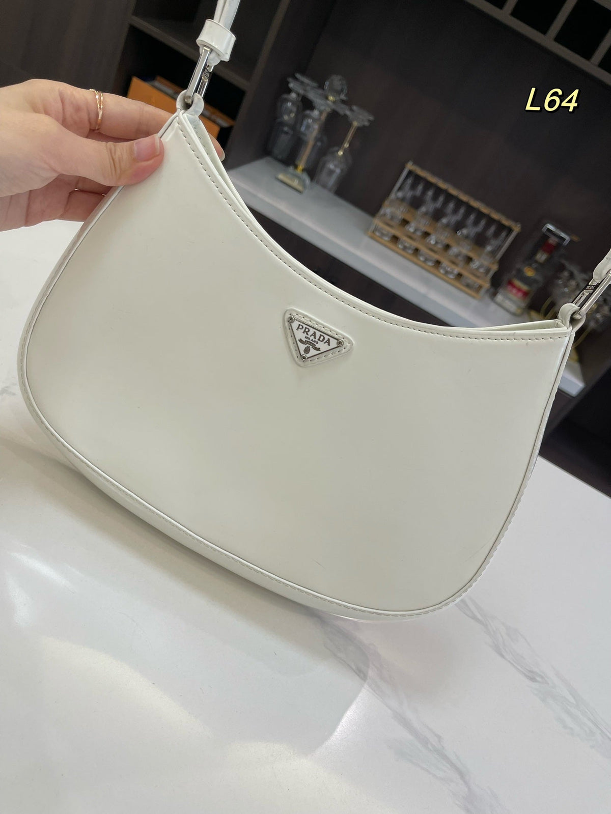 Prada 30 Cleo Shoulder Bag in White Brushed Leather