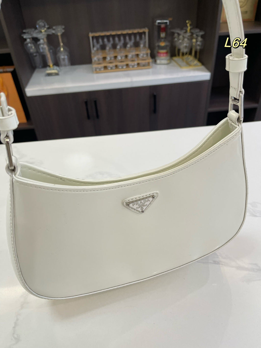 Prada 30 Cleo Shoulder Bag in White Brushed Leather