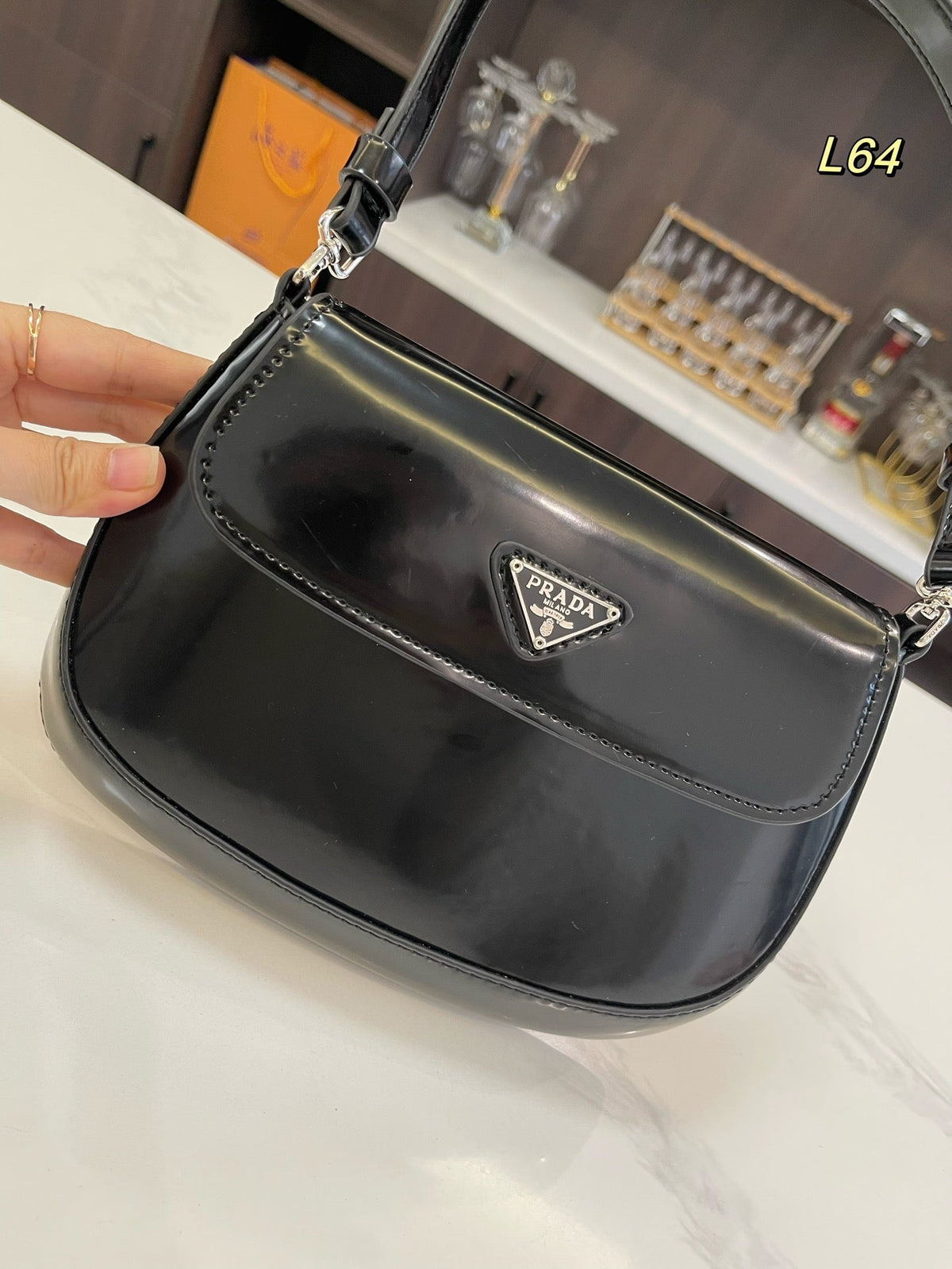 Prada 25 Cleo Flap Shoulder Bag in Black Brushed Leather