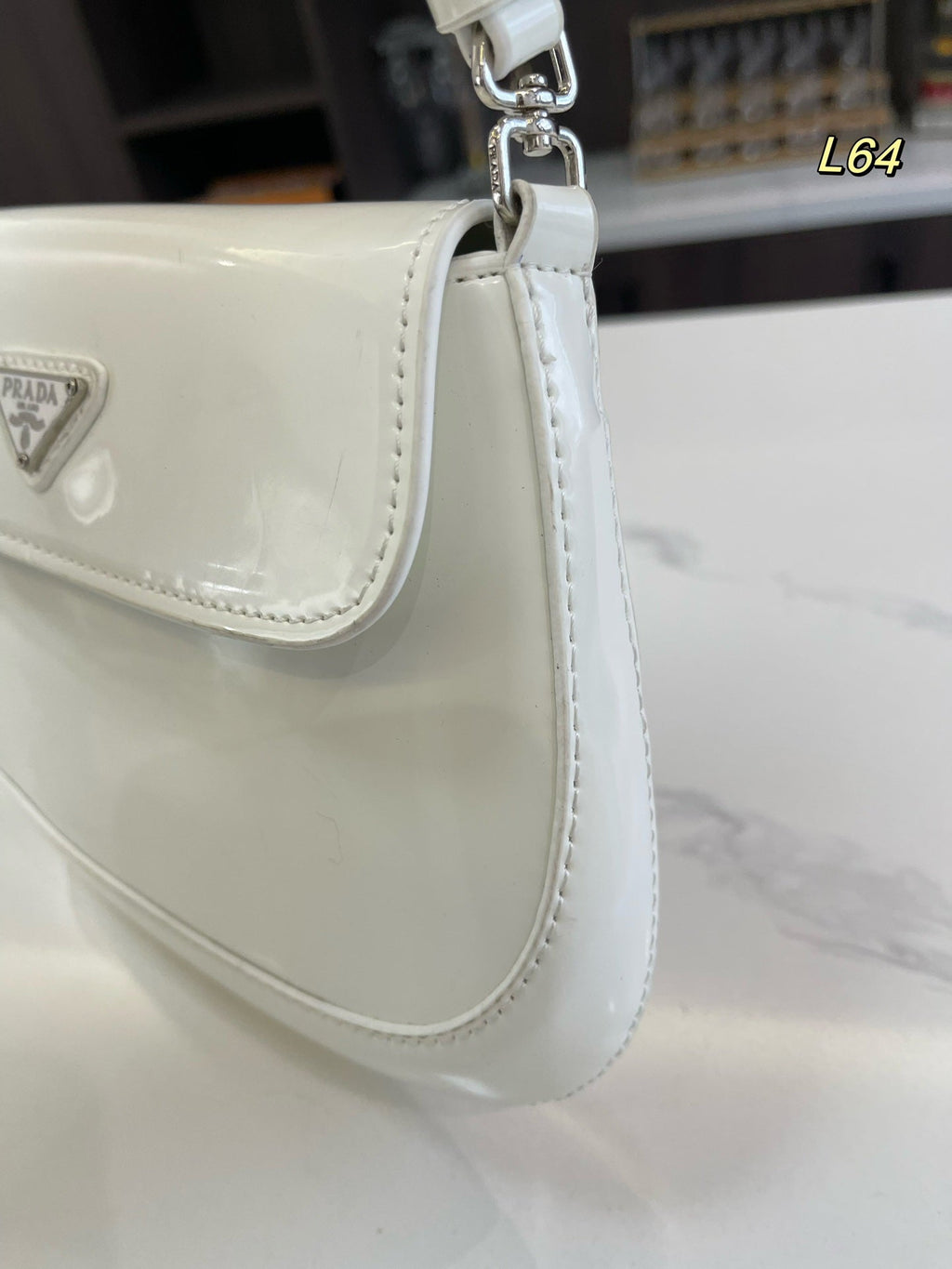 Prada 25 Cleo Flap Shoulder Bag in White Brushed Leather
