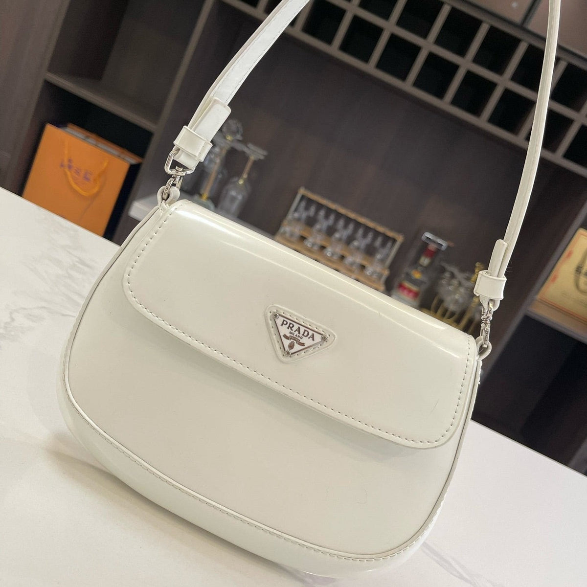 Prada 25 Cleo Flap Shoulder Bag in White Brushed Leather