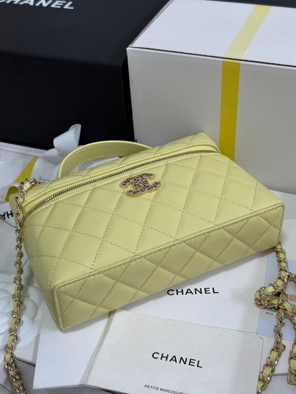 Chanel Strass Vanity Quilted Case 19 in Yellow Calfskin with Gold Metallic Bag