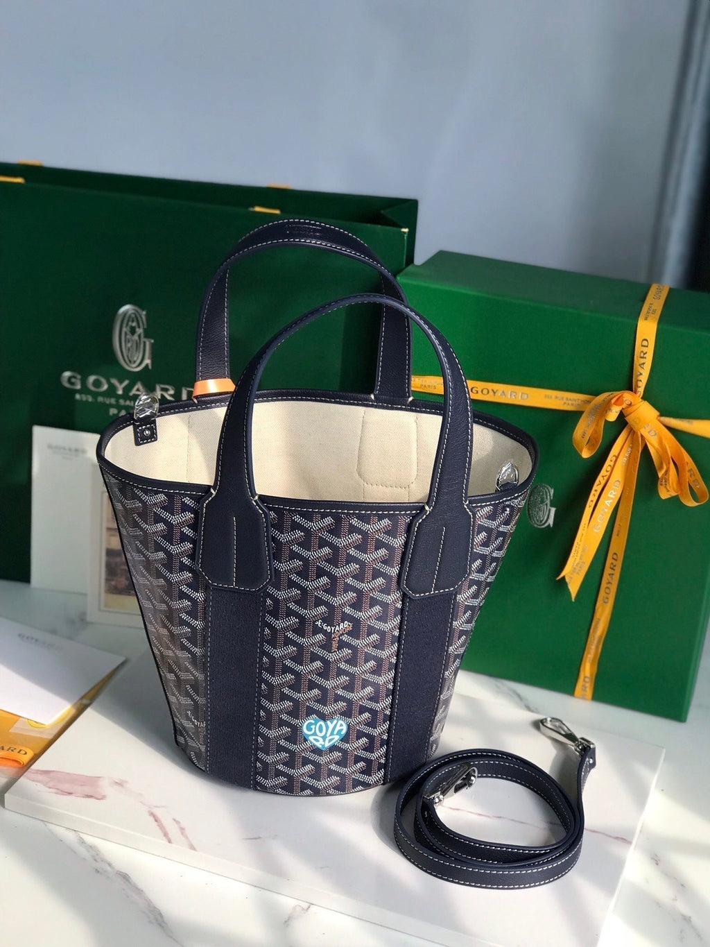 Goyard Small Belharra 24 in Navy Blue Goyardine Canvas and Lambskin Bag