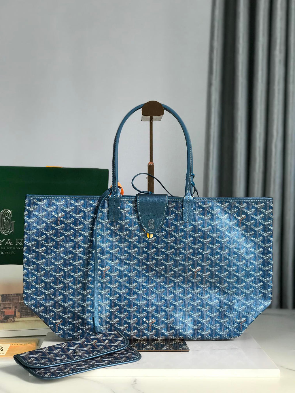 Goyard Saint Louis PM 34 in Navy Blue Goyardine Canvas and Calfskin Bag