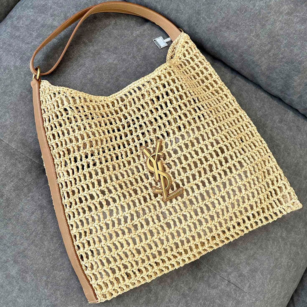 Saint Laurent Oxalis 40 in Raffia Crochet and Leather Vintage Brown Bag