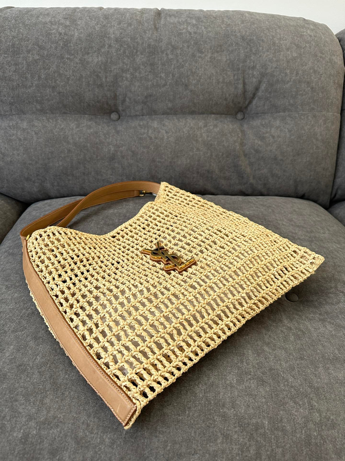 Saint Laurent Oxalis 40 in Raffia Crochet and Leather Vintage Brown Bag