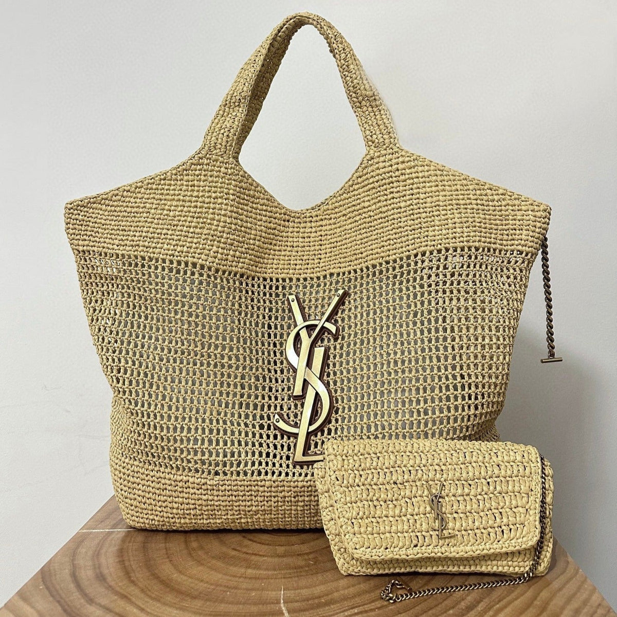Saint Laurent Raffia Icare 55 Beige Brown Straw Bag