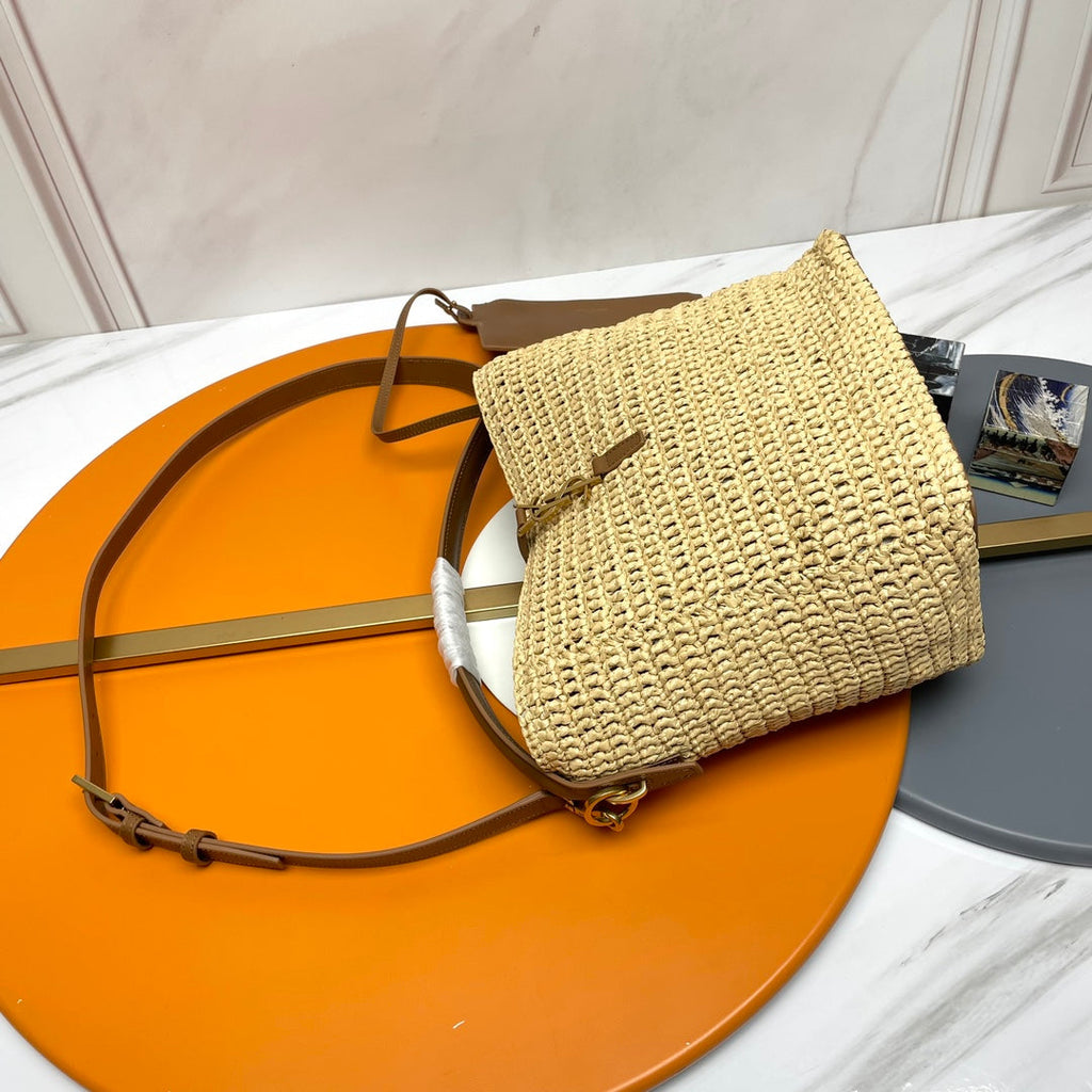 Saint Laurent Le 37 Medium 25 in Light Yellow Straw and Brown Leather Trim Bag