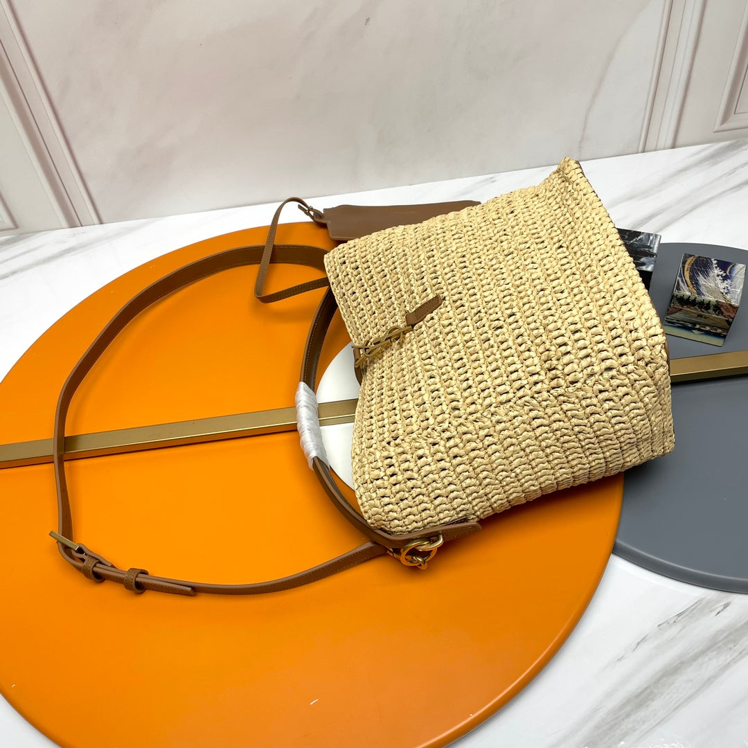 Saint Laurent Le 37 Medium 25 in Light Yellow Straw and Brown Leather Trim Bag