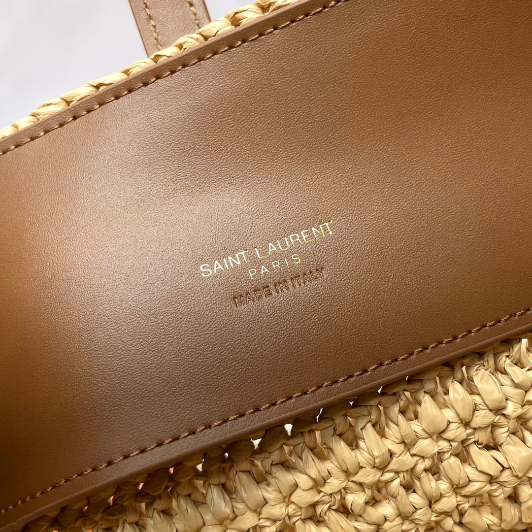 Saint Laurent Le 37 Medium 25 in Light Yellow Straw and Brown Leather Trim Bag