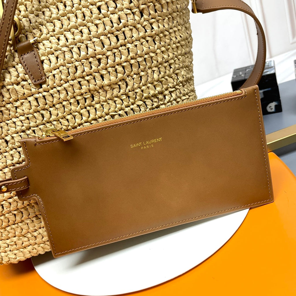 Saint Laurent Le 37 Medium 25 in Light Yellow Straw and Brown Leather Trim Bag