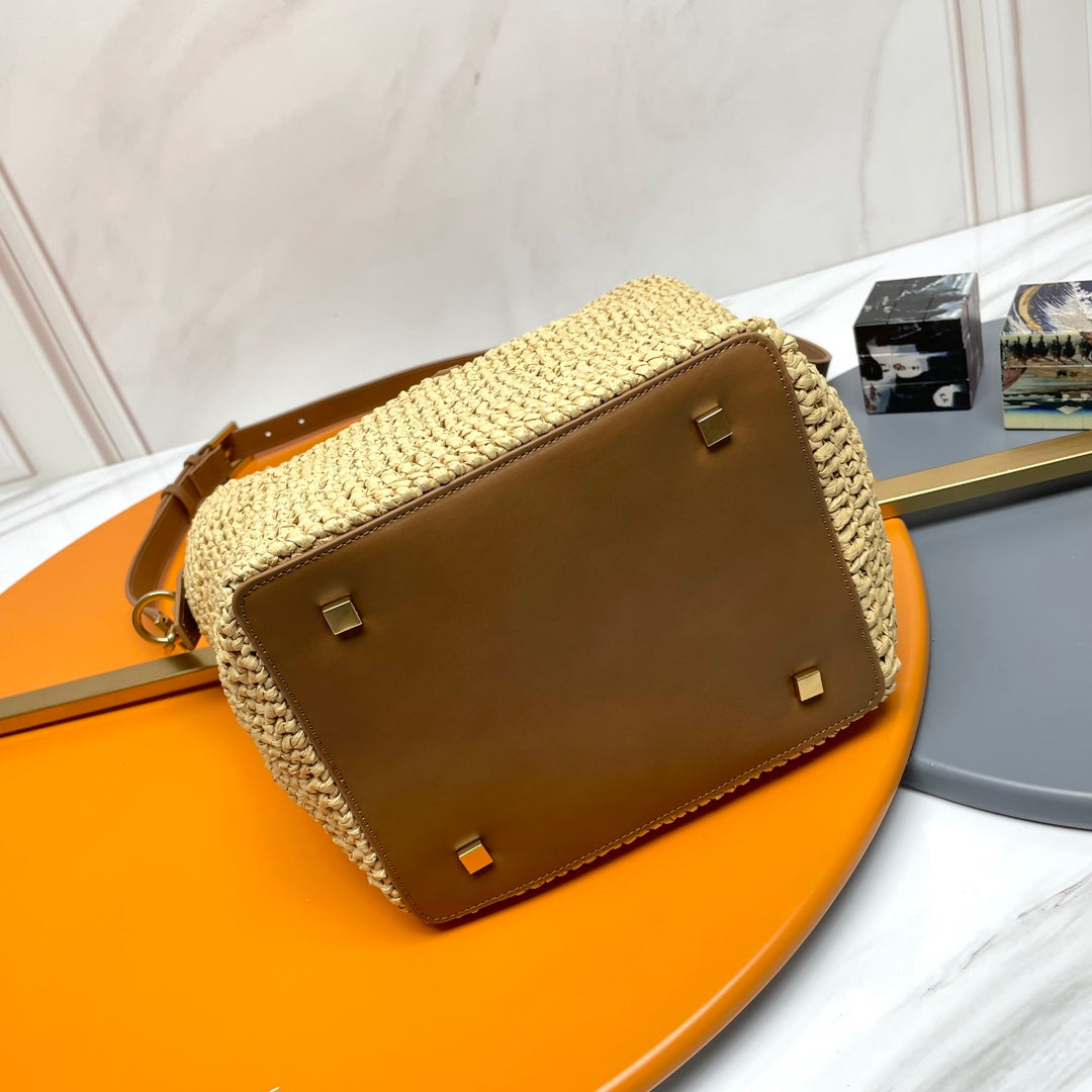 Saint Laurent Le 37 Medium 25 in Light Yellow Straw and Brown Leather Trim Bag