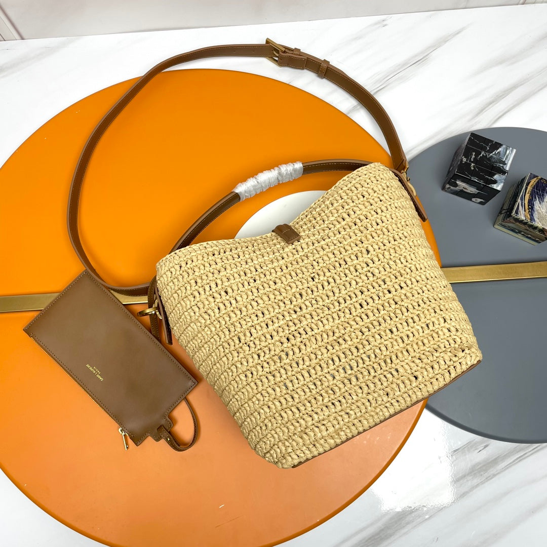 Saint Laurent Le 37 Medium 25 in Light Yellow Straw and Brown Leather Trim Bag