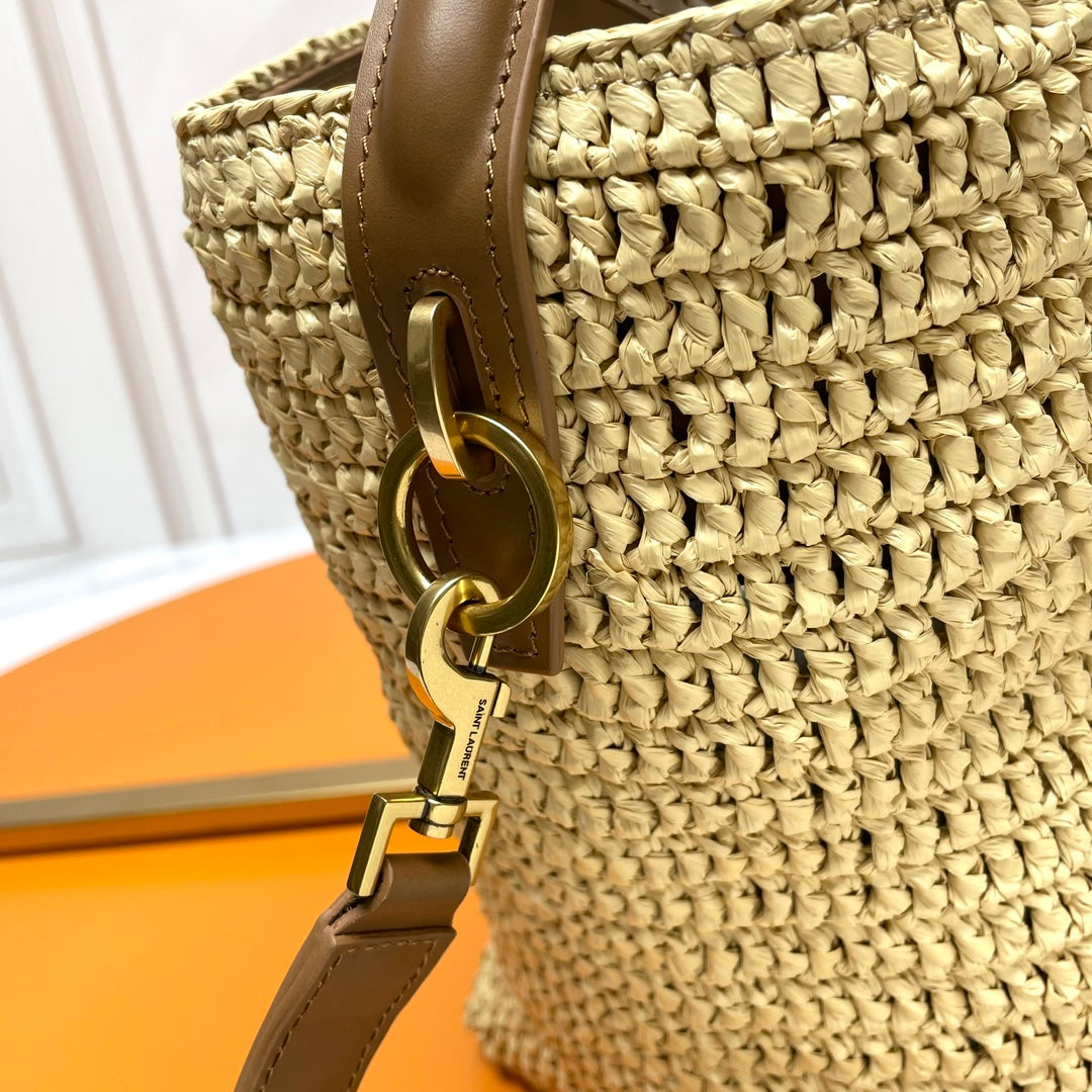 Saint Laurent Le 37 Medium 25 in Light Yellow Straw and Brown Leather Trim Bag