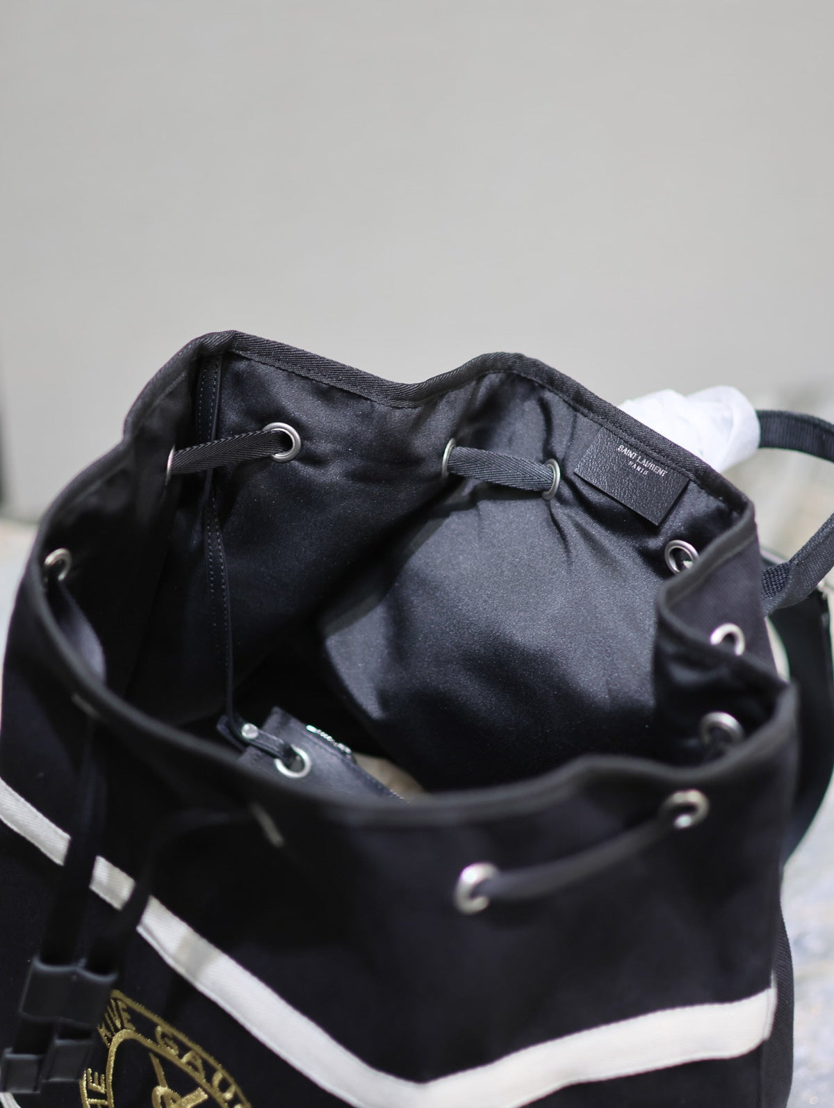 Saint Laurent Rive Gauche Backpack 49 in Black Mix White Canvas