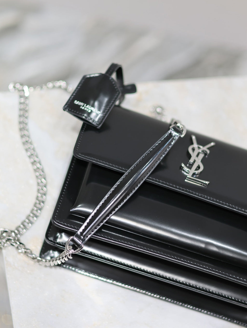 Saint Laurent 25S Sunset Medium 22 in Black Shiny Calfskin Silver Hardwre Bag