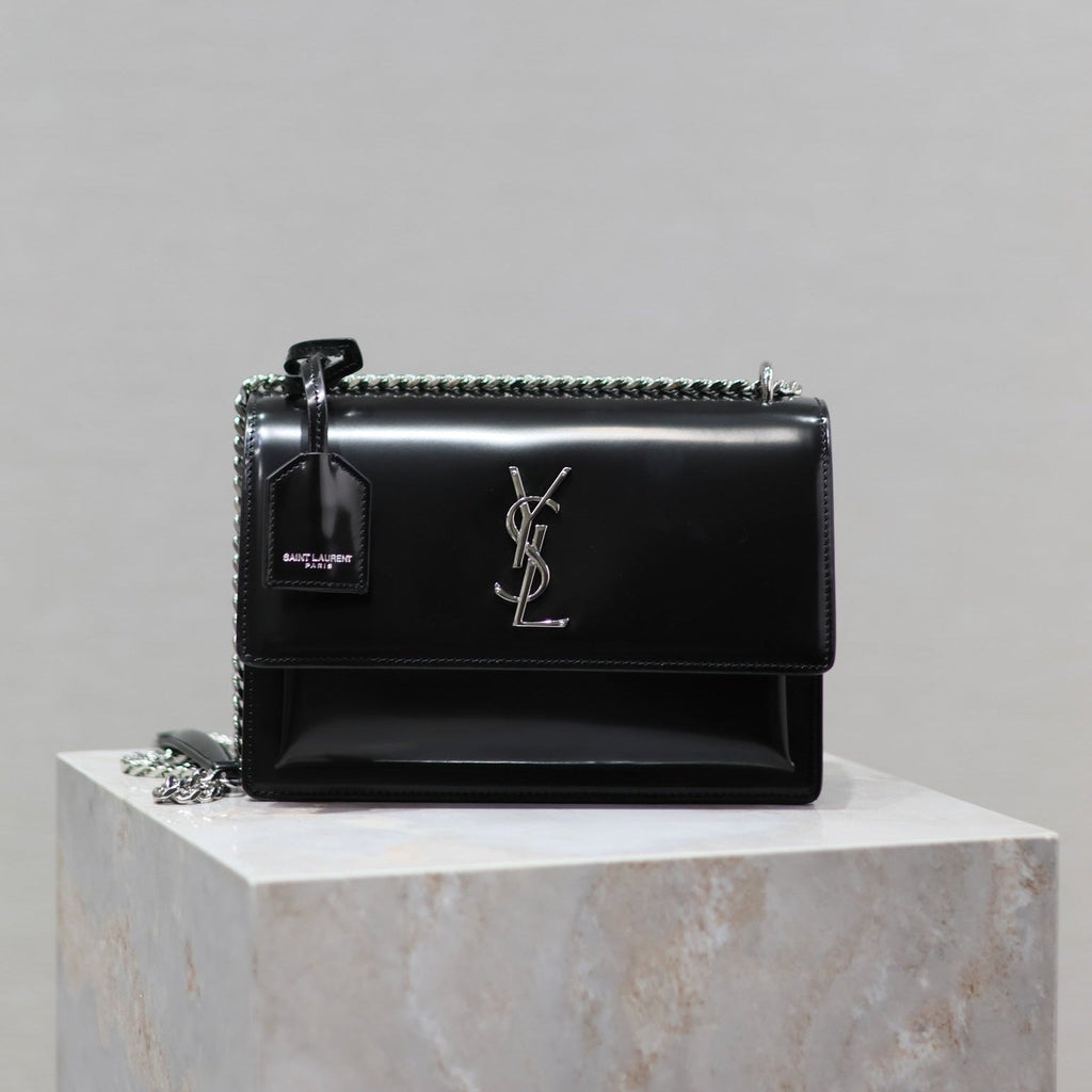 Saint Laurent 25S Sunset Medium 22 in Black Shiny Calfskin Silver Hardwre Bag