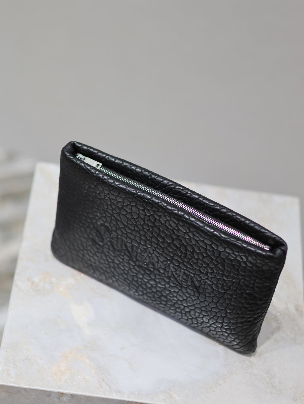 Saint Laurent Pouch with Elephant Texture 23 in Black Lambskin Logo Embossed