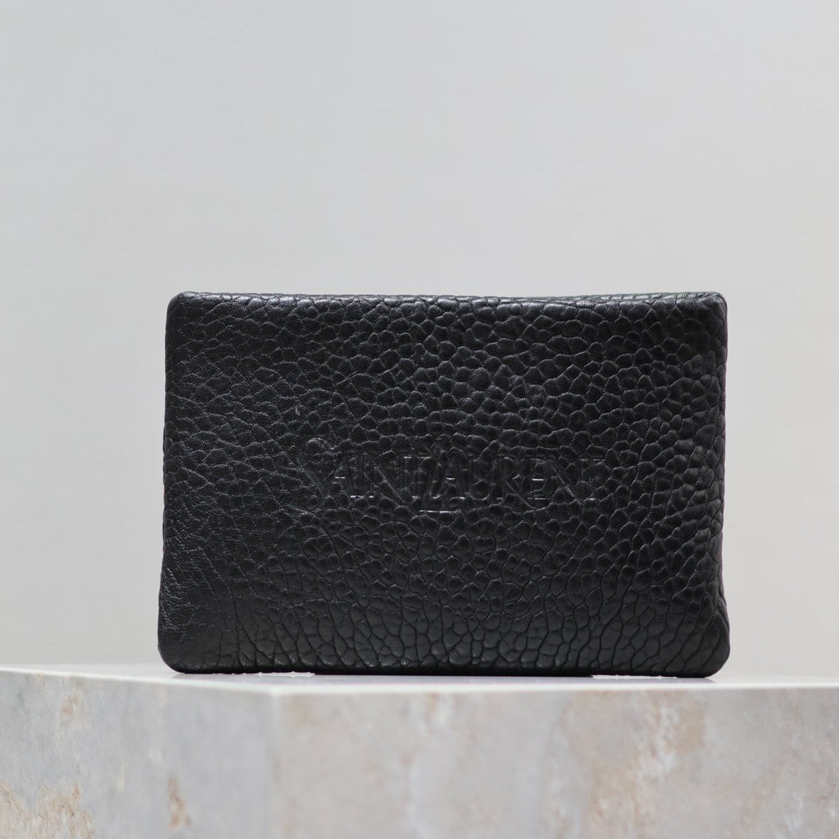 Saint Laurent Pouch with Elephant Texture 23 in Black Lambskin Logo Embossed