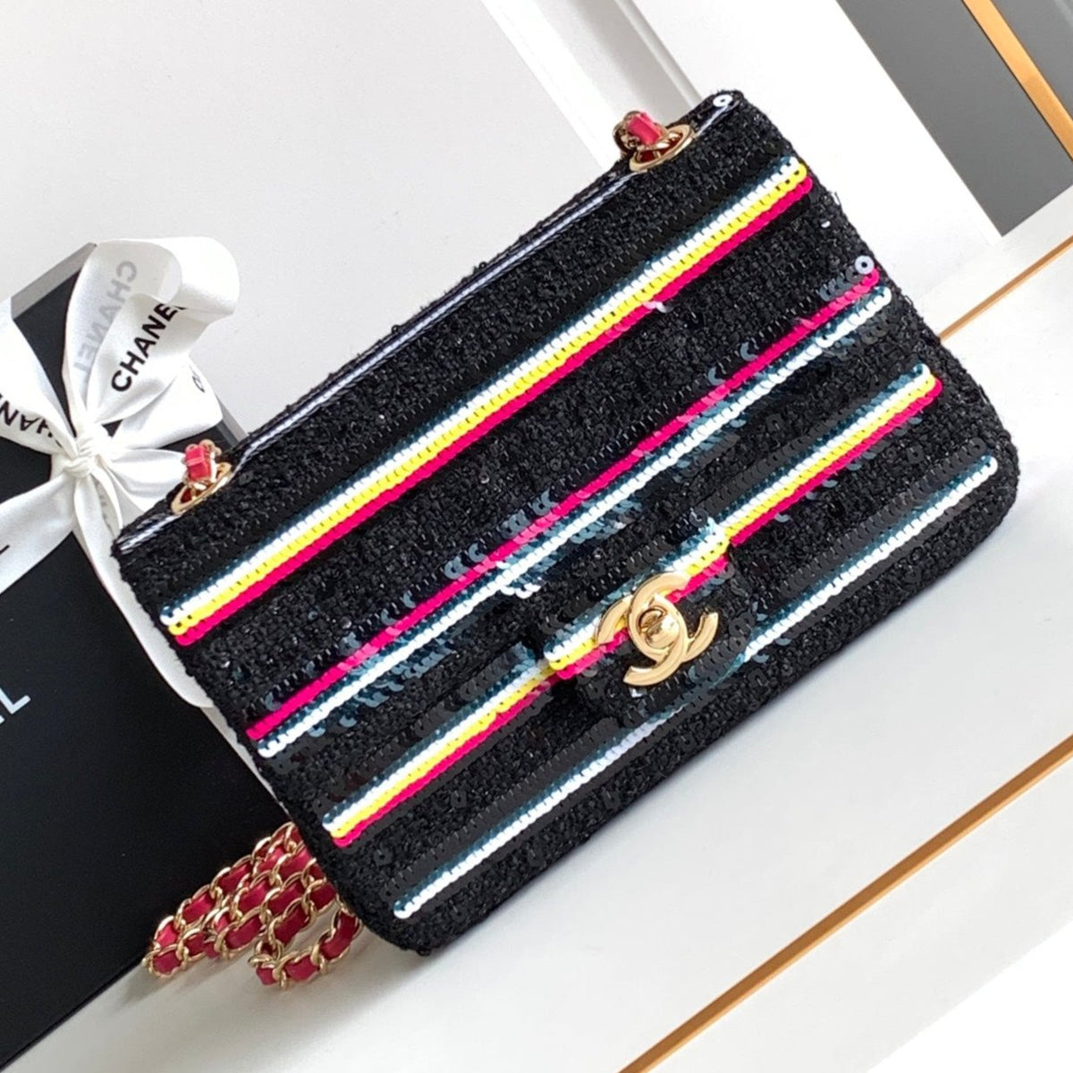Chanel Mini 20 Classic Handbag in Black Embroidered Tweed Sequins