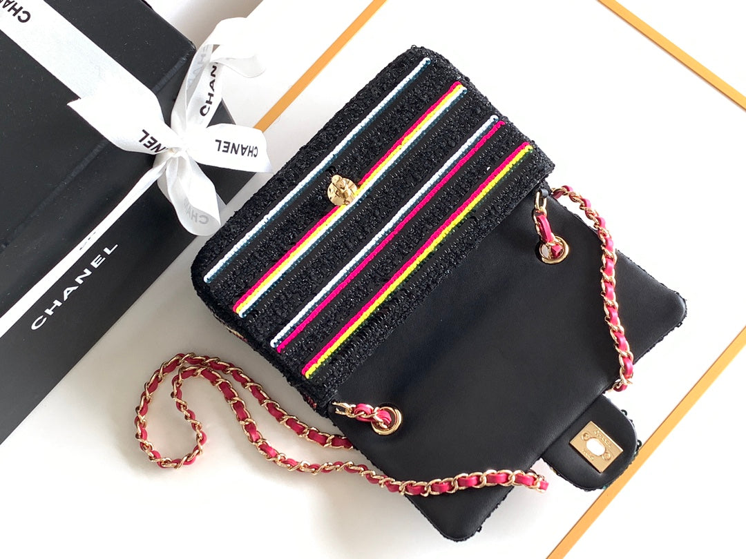 Chanel Mini 20 Classic Handbag in Black Embroidered Tweed Sequins