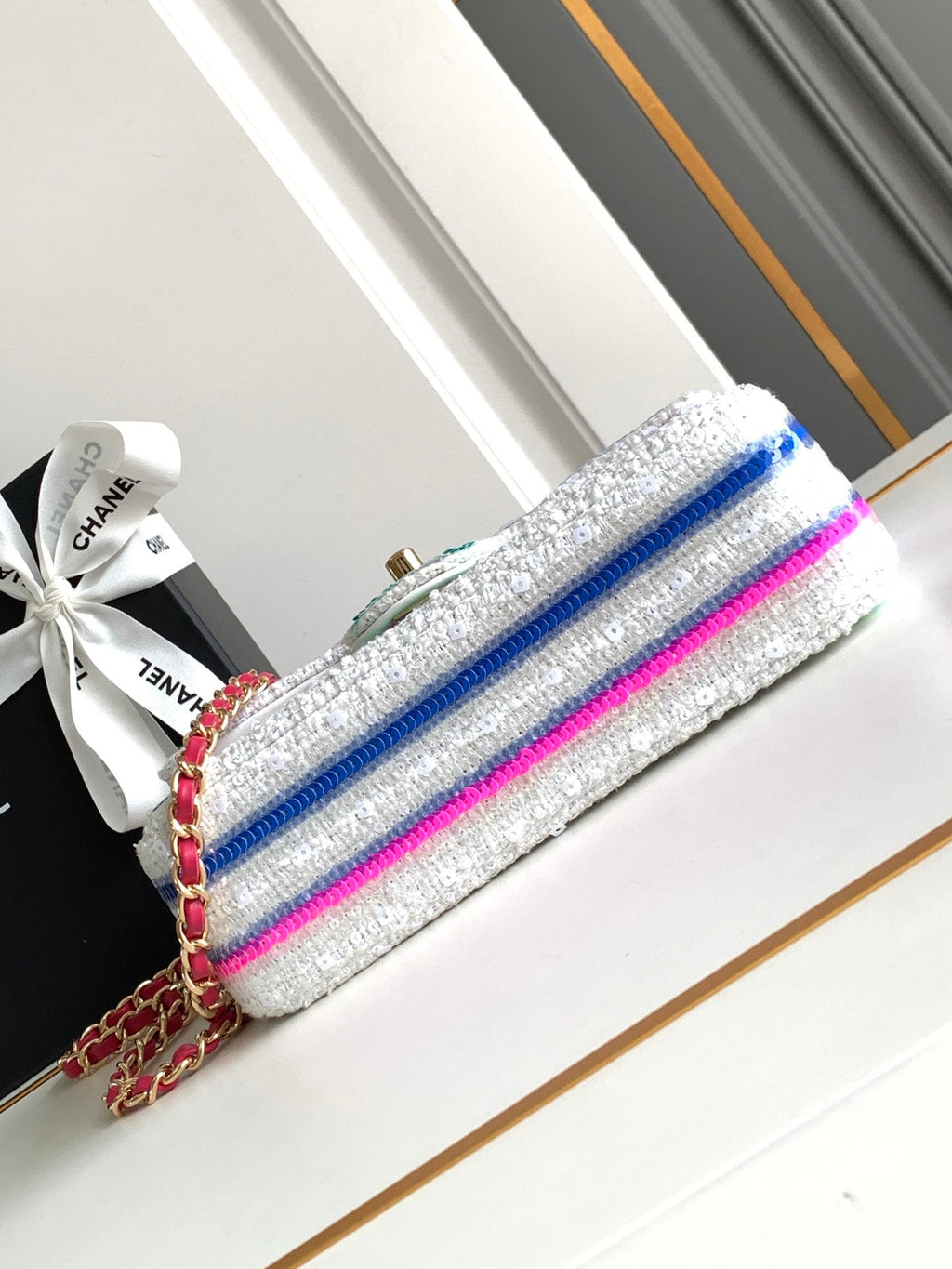 Chanel Mini 20 Classic Handbag in White Embroidered Tweed Sequins