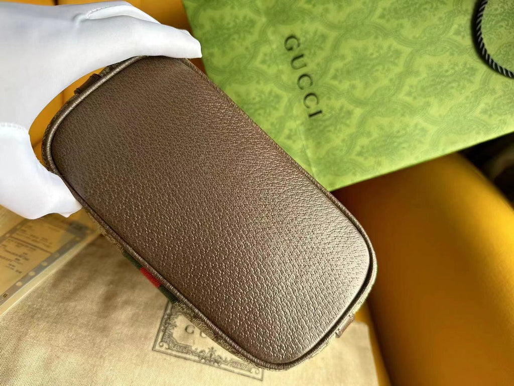 Gucci Ophidia 21 Small Shoulder Bag in Beige Canvas and Brown Calfskin