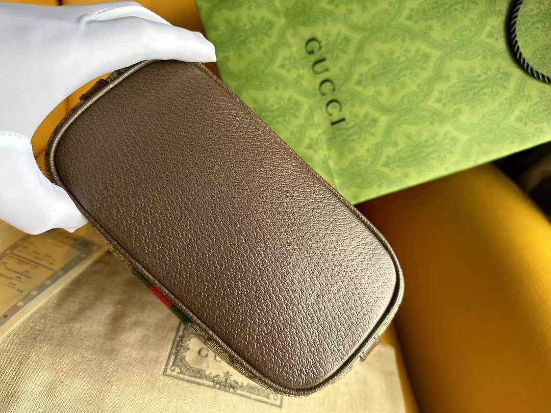 Gucci Ophidia 21 Small Shoulder Bag in Beige Canvas and Brown Calfskin