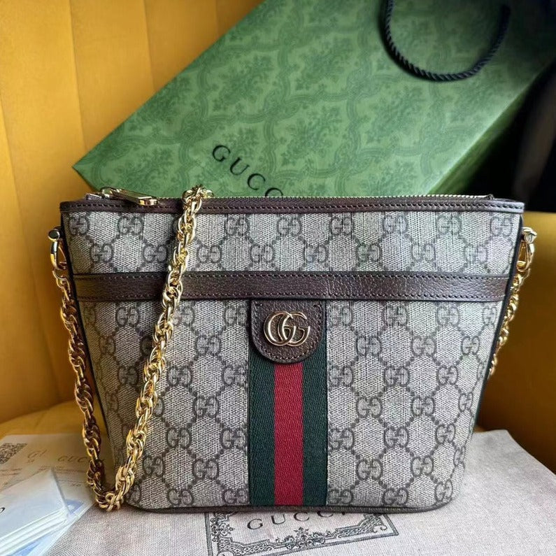 Gucci Ophidia 21 Small Shoulder Bag in Beige Canvas and Brown Calfskin