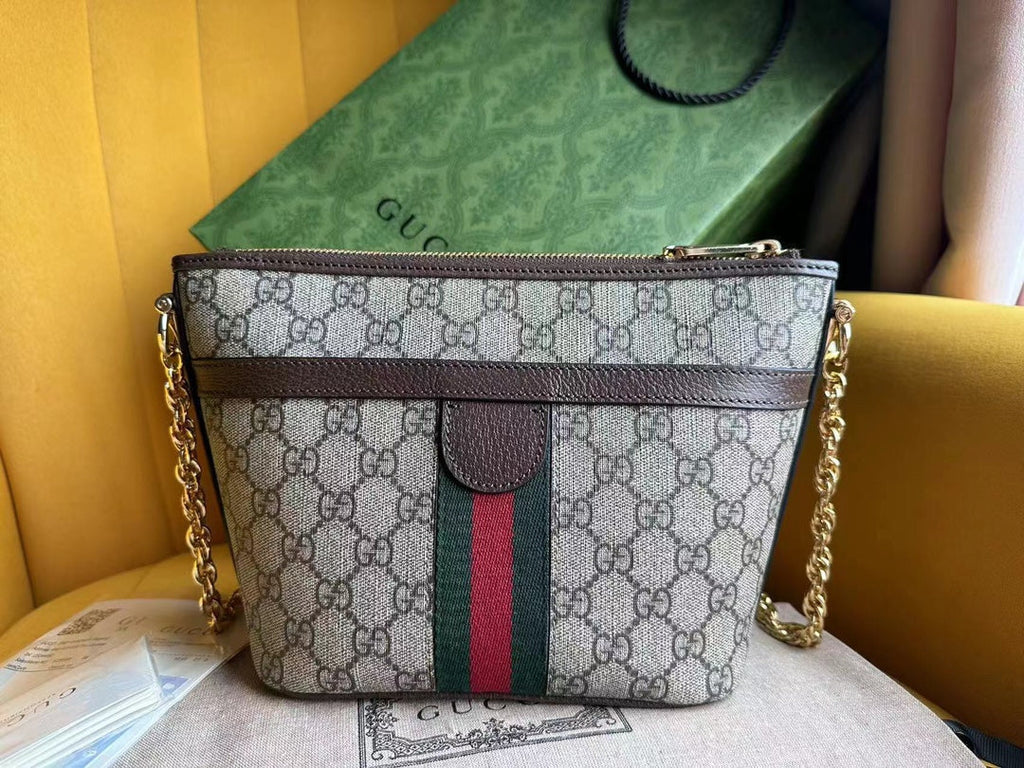 Gucci Ophidia 21 Small Shoulder Bag in Beige Canvas and Brown Calfskin
