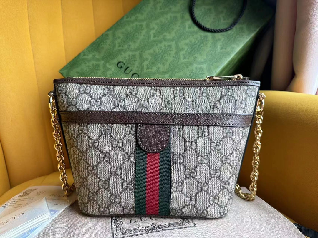 Gucci Ophidia 21 Small Shoulder Bag in Beige Canvas and Brown Calfskin
