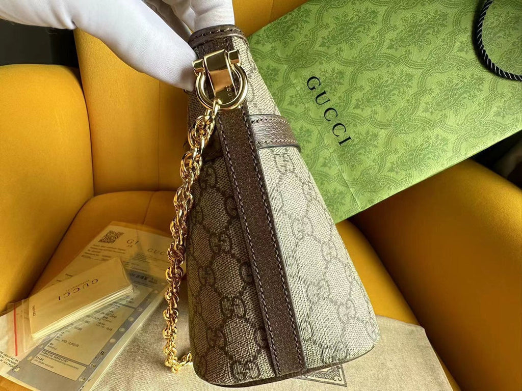 Gucci Ophidia 21 Small Shoulder Bag in Beige Canvas and Brown Calfskin
