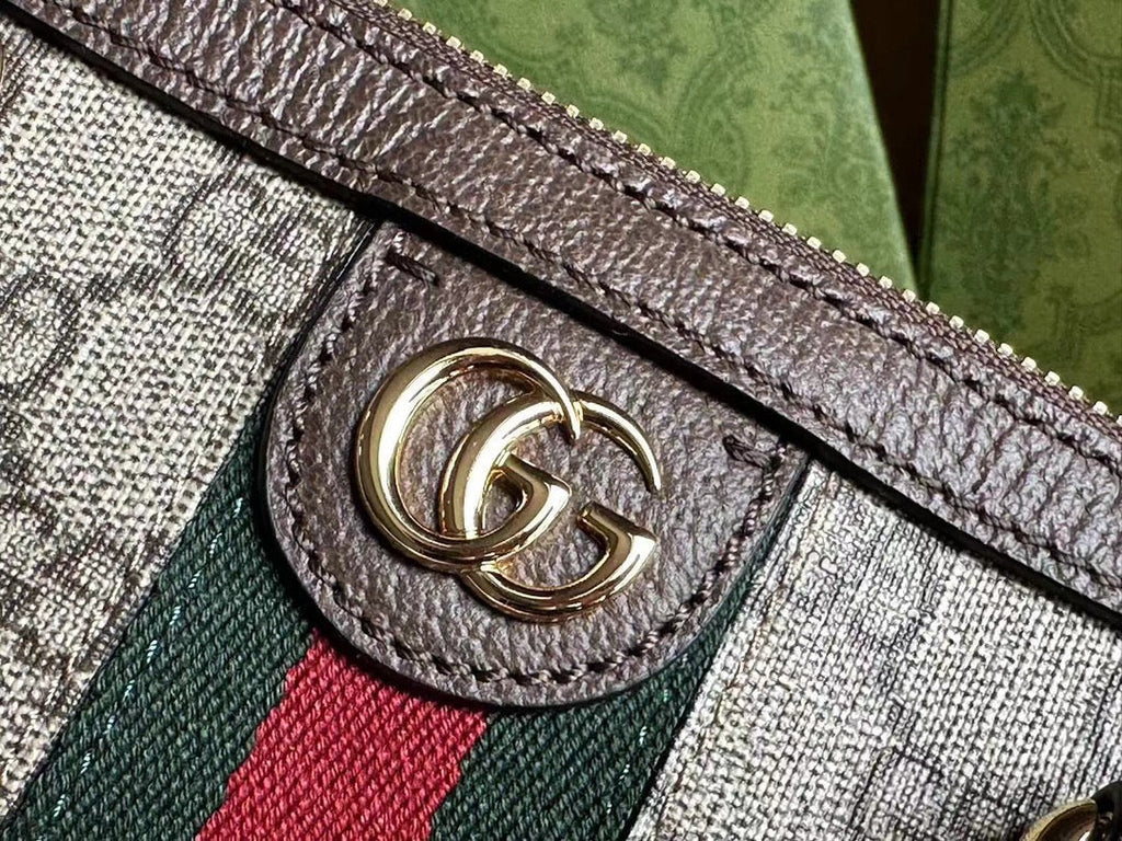 Gucci Ophidia 31 Small Top Handle Bag in Beige Canvas and Brown Calfskin