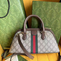 Gucci Ophidia 31 Small Top Handle Bag in Beige Canvas and Brown Calfskin