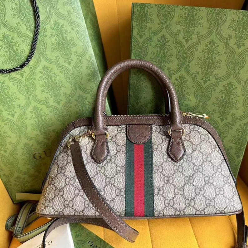 Gucci Ophidia 31 Small Top Handle Bag in Beige Canvas and Brown Calfskin