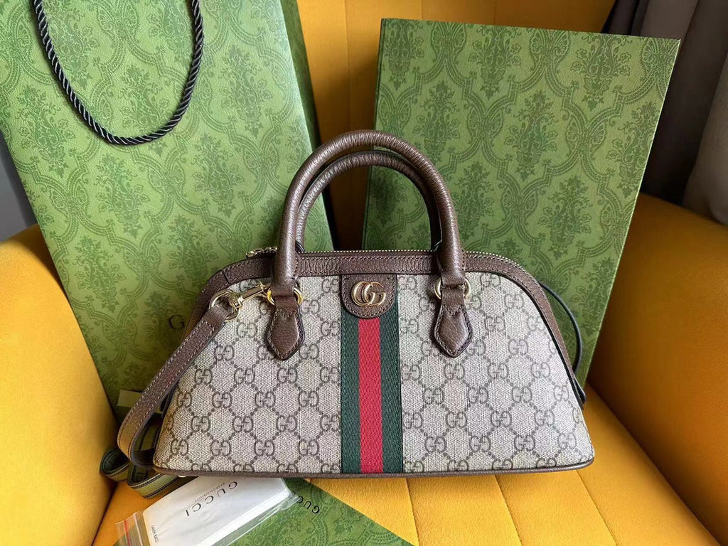 Gucci Ophidia 31 Small Top Handle Bag in Beige Canvas and Brown Calfskin