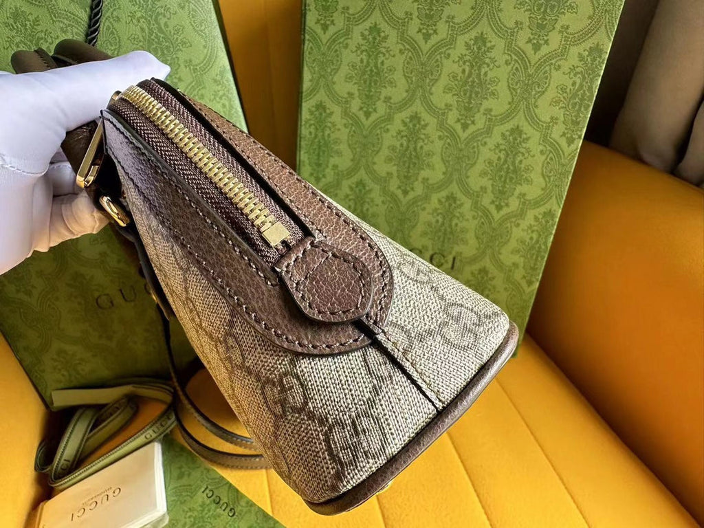 Gucci Ophidia 31 Small Top Handle Bag in Beige Canvas and Brown Calfskin