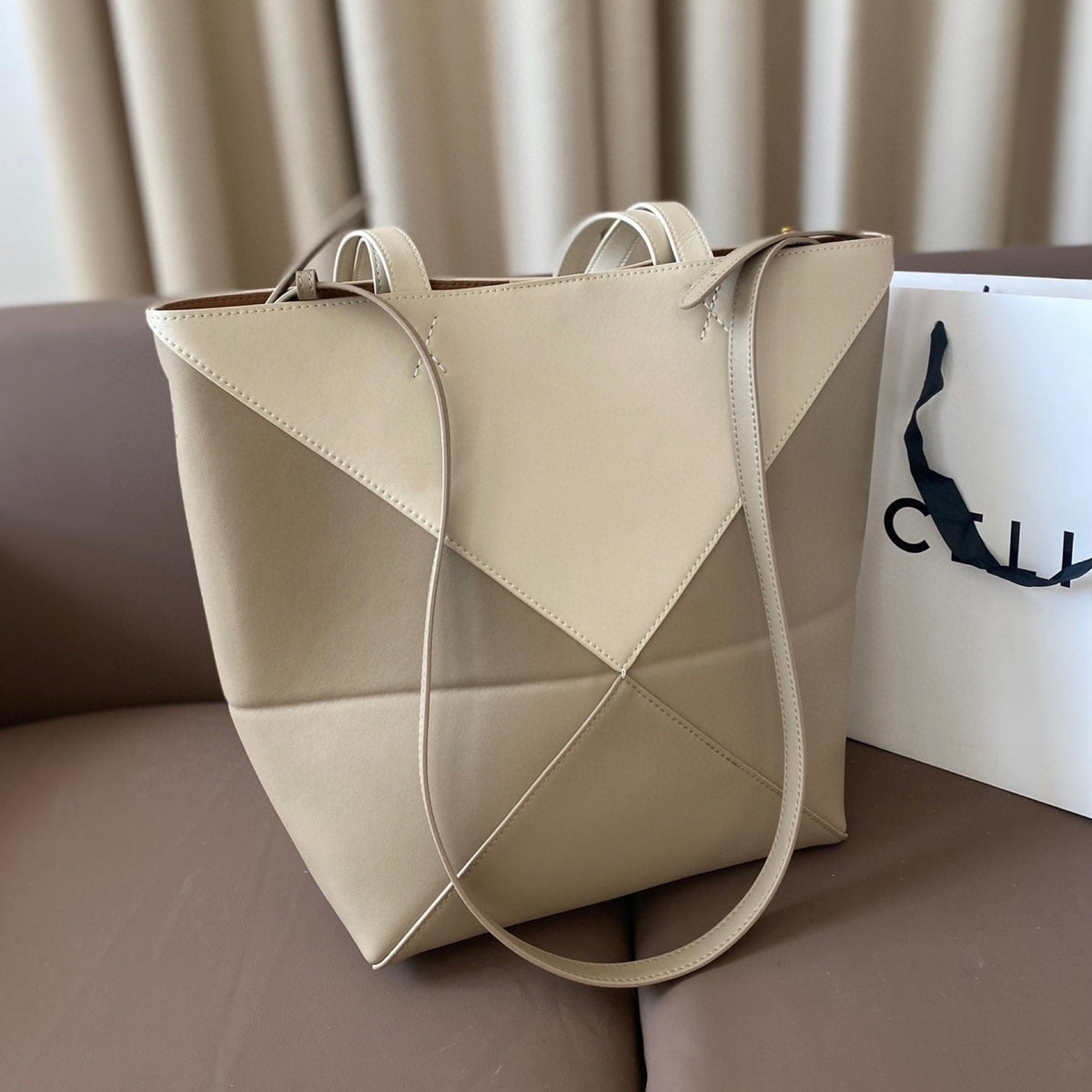 Loewe 32 Medium Puzzle Fold Tote in White Mix Pastel Grey Shiny Calfskin