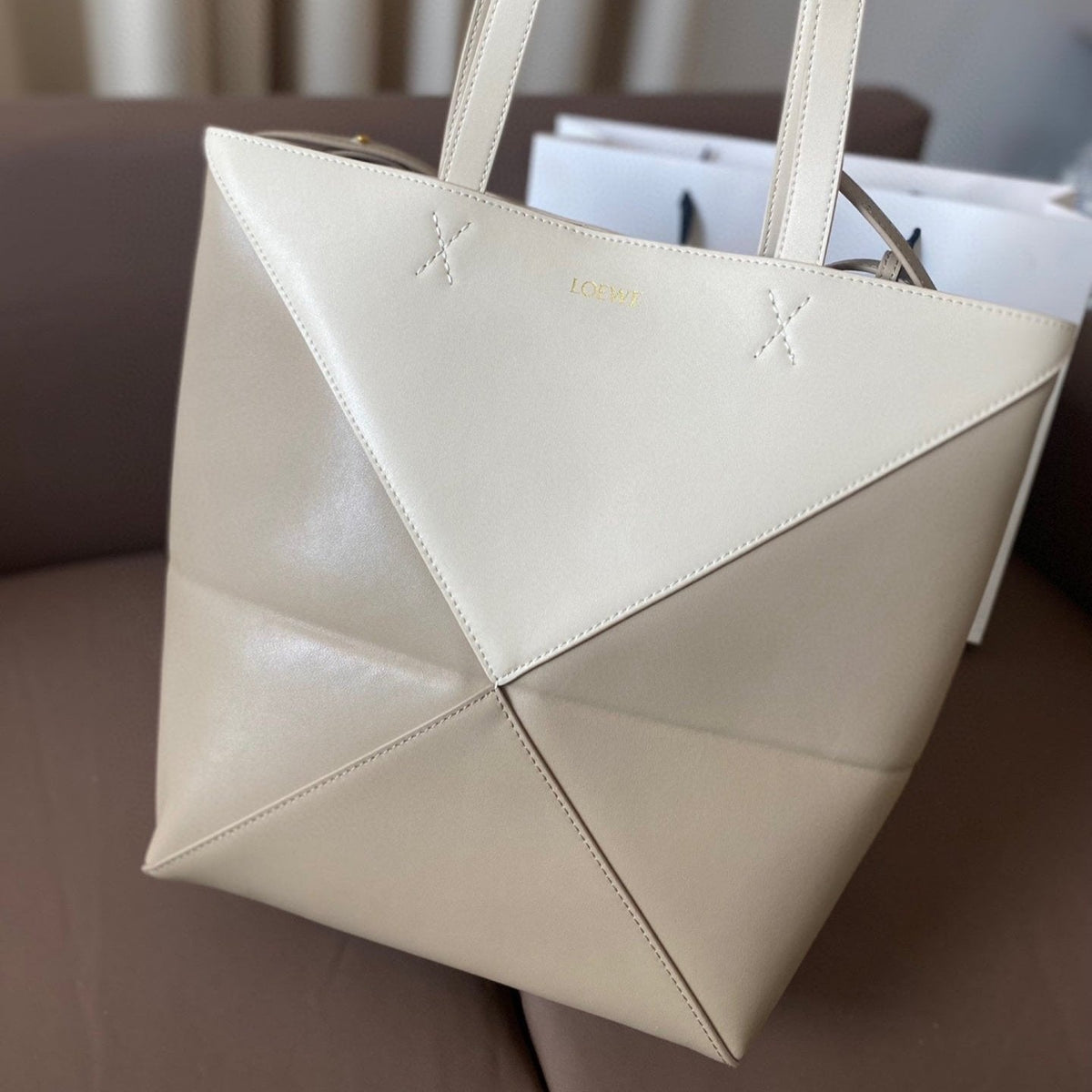 Loewe 32 Medium Puzzle Fold Tote in White Mix Pastel Grey Shiny Calfskin