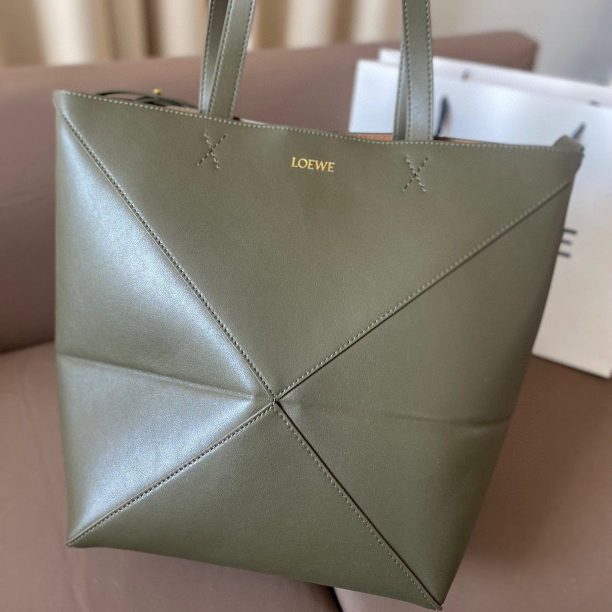 Loewe 32 Medium Puzzle Fold Tote in Dark Khaki Green Shiny Calfskin
