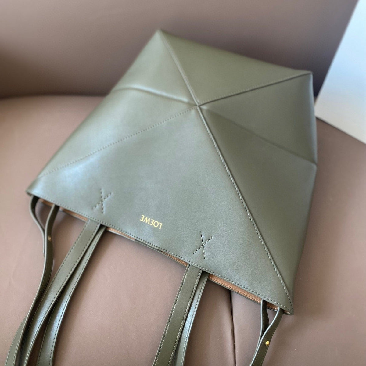 Loewe 32 Medium Puzzle Fold Tote in Dark Khaki Green Shiny Calfskin