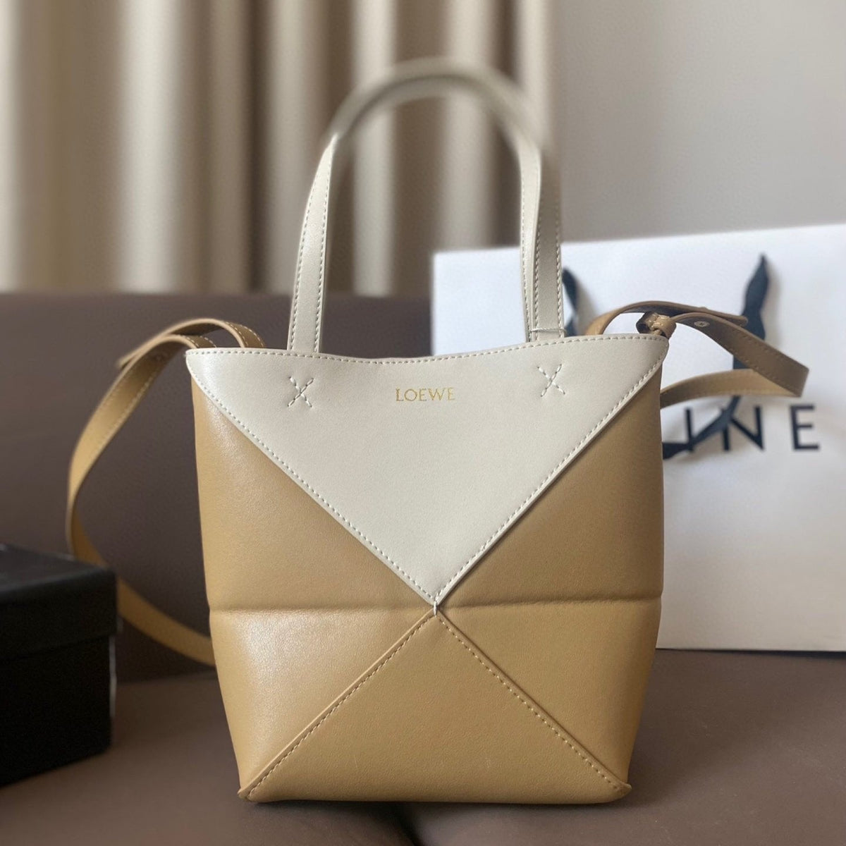 Loewe 21 Puzzle Fold Tote in White Mix Naples Yellow Shiny Calfskin