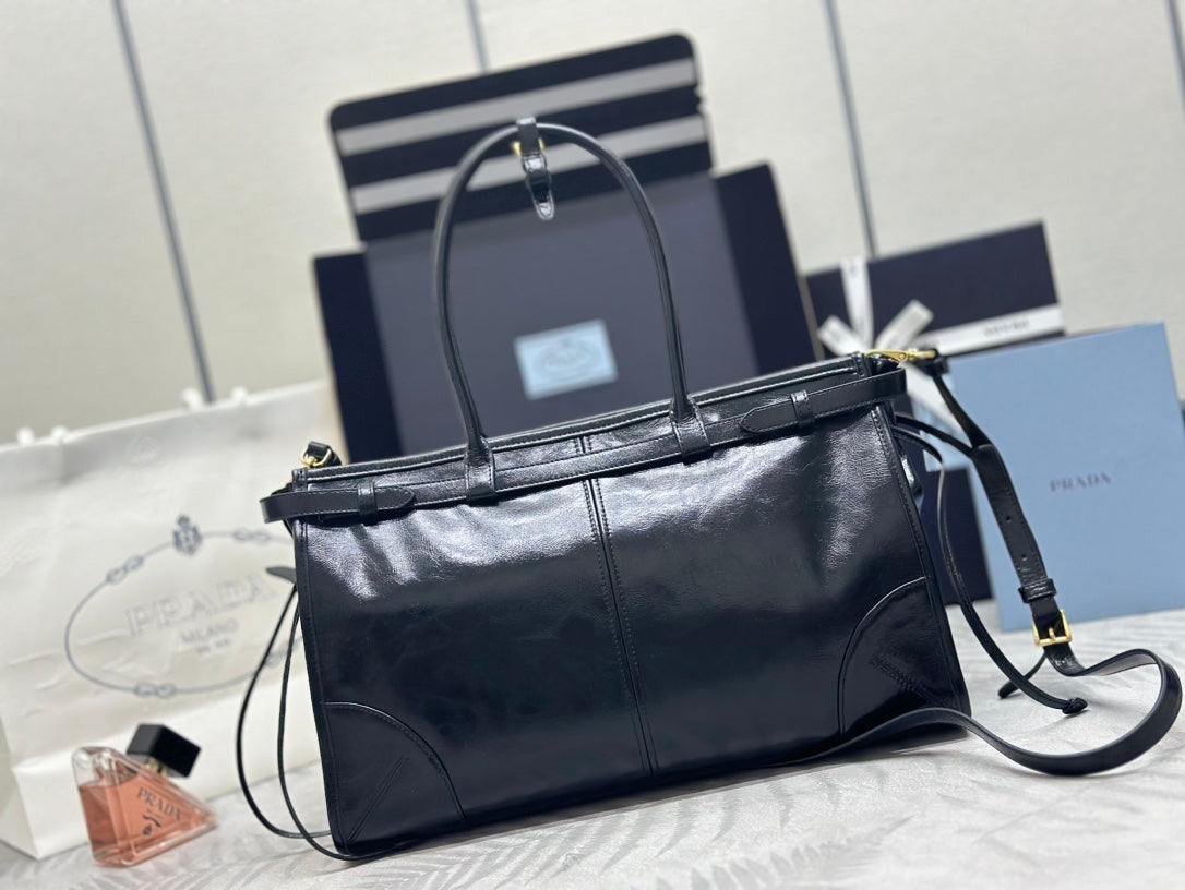 Prada 25S Bonnie Large Handbag 38 in Black Glossy Calfskin Gold Hardwre