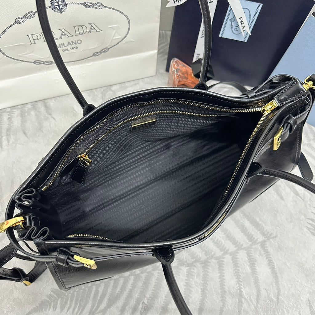 Prada 25S Bonnie Large Handbag 38 in Black Glossy Calfskin Gold Hardwre