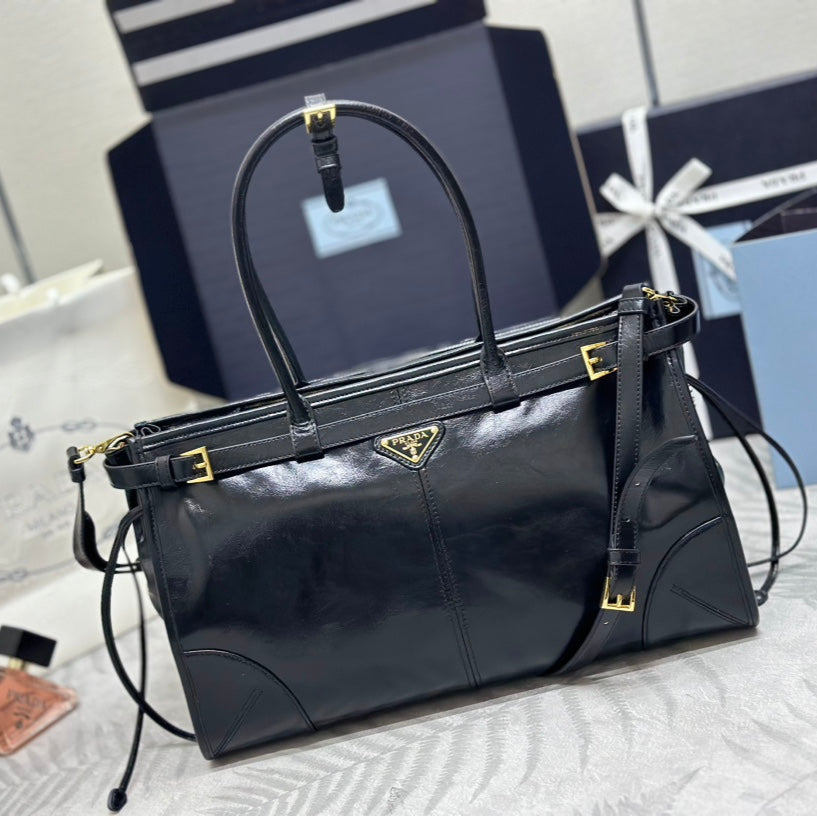 Prada 25S Bonnie Large Handbag 38 in Black Glossy Calfskin Gold Hardwre