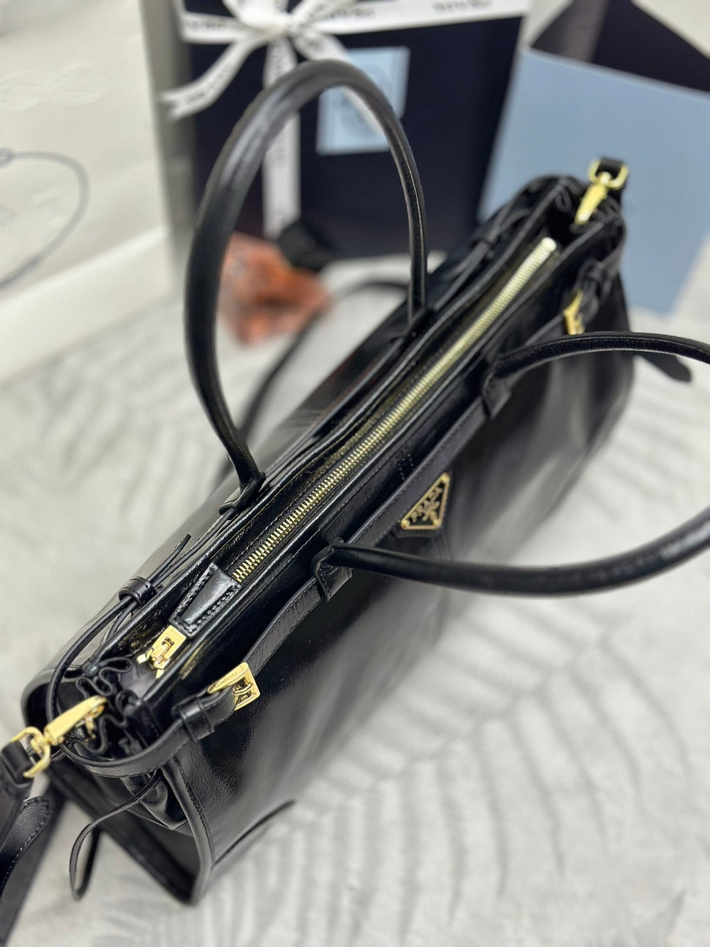 Prada 25S Bonnie Large Handbag 38 in Black Glossy Calfskin Gold Hardwre