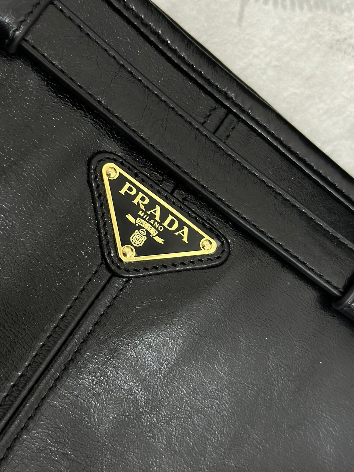 Prada Tote Bag with Belt 42 in Black Oil Wax Lambskin Gold Hardware